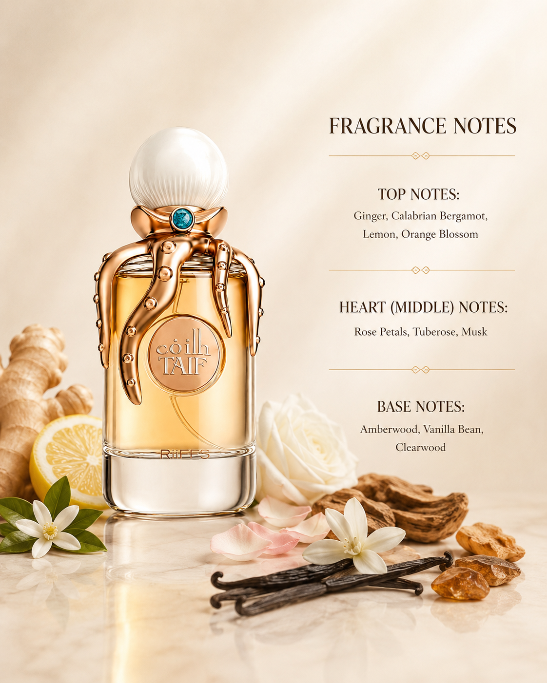 Riiffs Coiin Taif Eau de Parfum surrounded by ginger, bergamot, roses, vanilla and woods with fragrance notes, highlighting its fresh floral woody fragrance.
