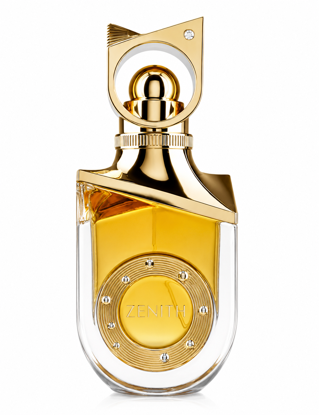 Zenith Eau de Parfum in an elegant gold and clear glass bottle with luxurious sculptural design, isolated on a clean white background. This sophisticated fragrance blends creamy vanilla and coconut with soft florals, fruity accords, musk, and woody notes, creating a warm, refined scent suitable for everyday wear and special occasions.
