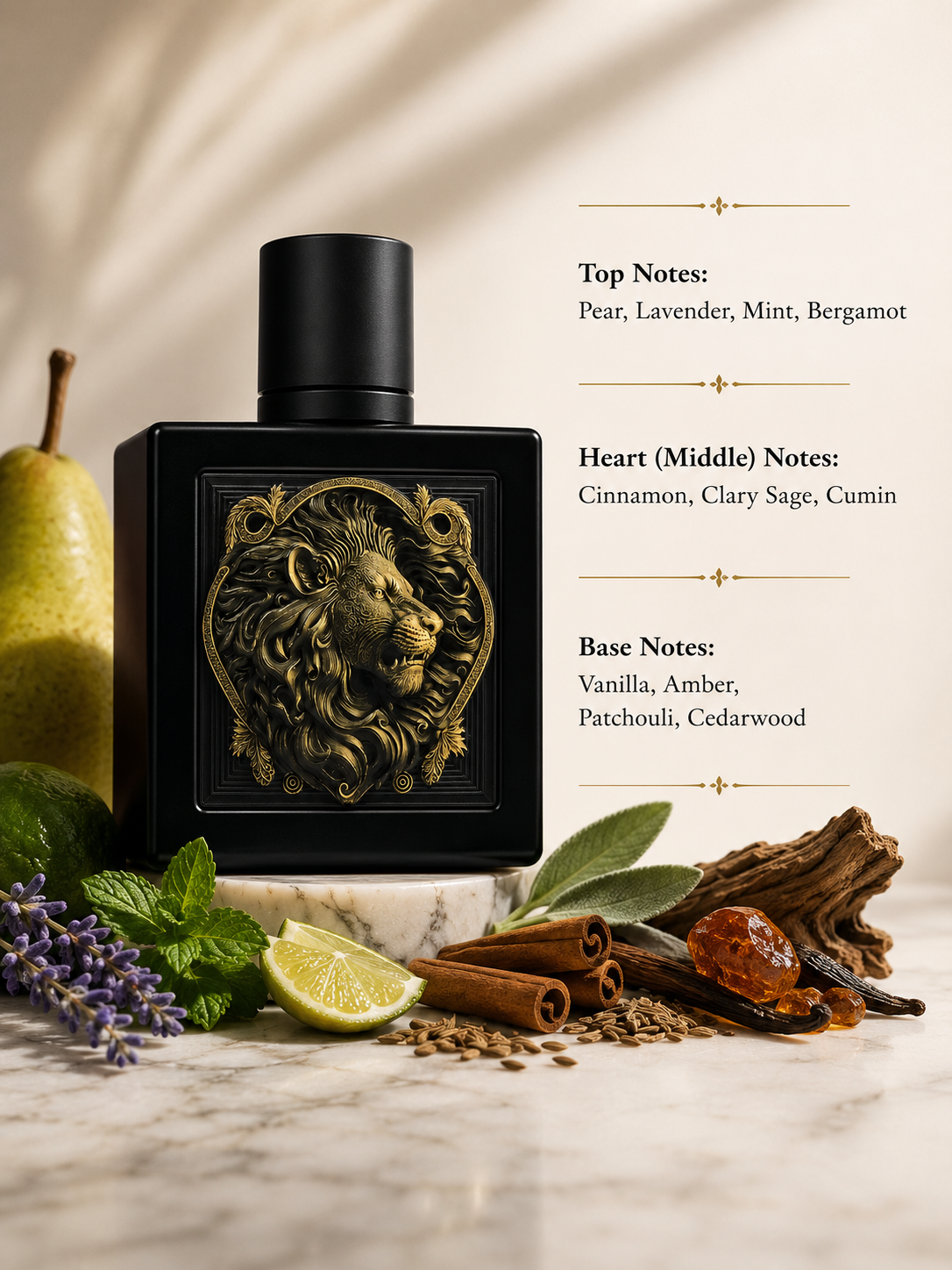 Matte black fragrance bottle with a gold lion emblem displayed alongside pear, bergamot, mint, lavender, cinnamon, clary sage, vanilla, amber, patchouli, cedarwood, and woody accents, with fragrance notes listed on the right.