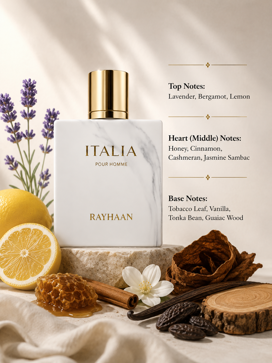 Rayhaan Italia Pour Homme fragrance bottle displayed with lavender, bergamot, lemon, honey, cinnamon, cashmeran, jasmine sambac, tobacco leaf, vanilla, tonka bean, guaiac wood, and warm woody accents, with fragrance notes listed on the right.