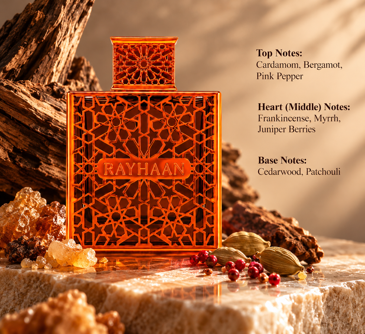 Rayhaan perfume in an ornate amber-orange bottle on warm marble, surrounded by woods, resins, cardamom and pink peppercorns. Elegant fragrance composition featuring cardamom, bergamot, pink pepper, frankincense, myrrh, juniper berries, cedarwood and patchouli.