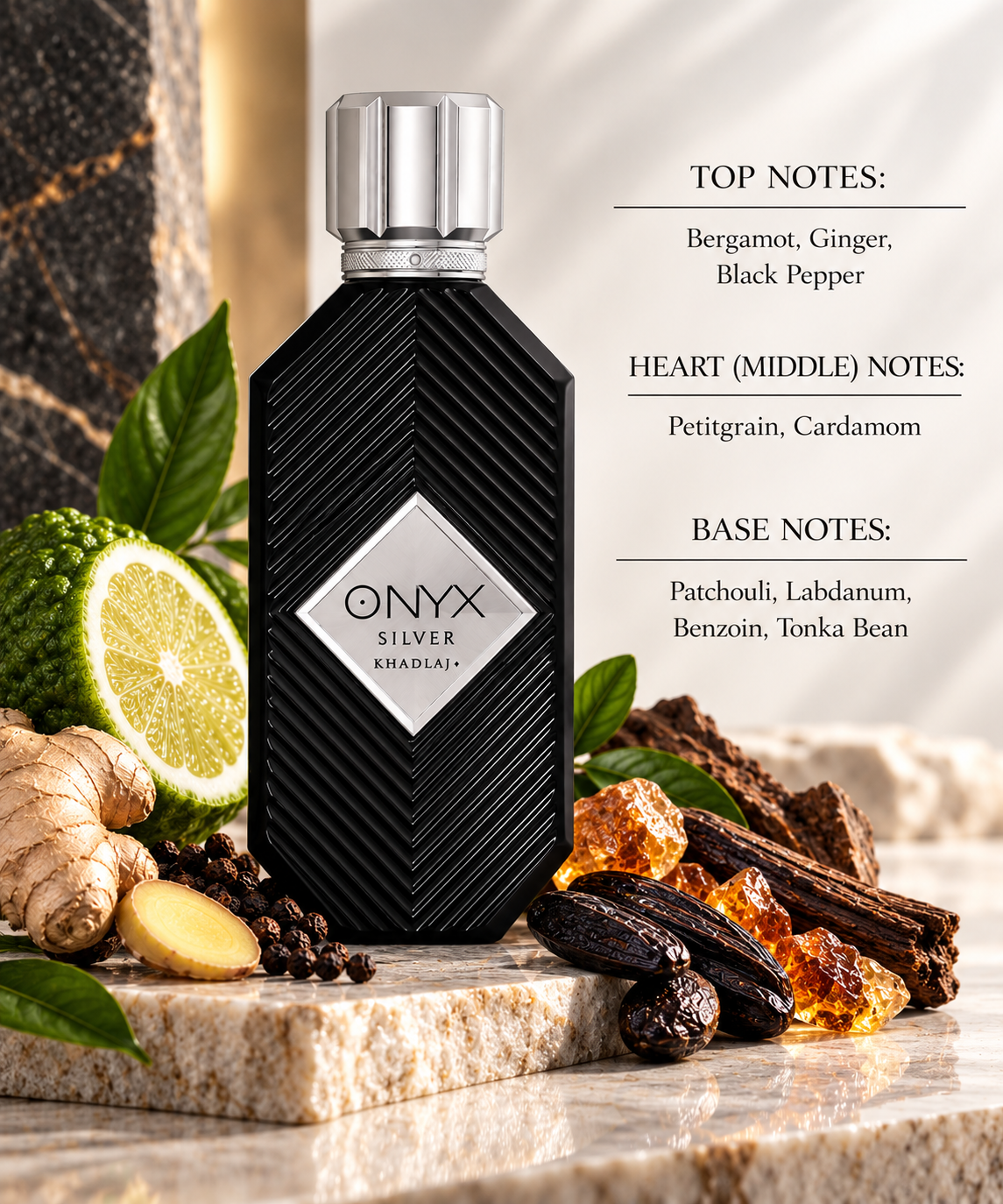 Khadlaj Onyx Silver styled in a refined setting with bergamot, fresh ginger and black pepper alongside aromatic green accents, cardamom, warm patchouli, labdanum, benzoin and tonka bean, reflecting its fresh spicy, aromatic and warmly resinous character.