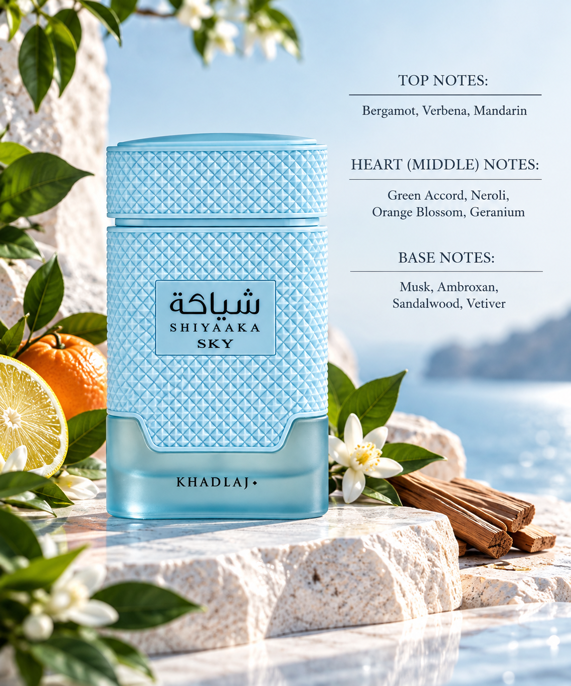 Khadlaj Shiyaaka Sky styled in a bright Mediterranean-inspired setting with bergamot, verbena and mandarin, complemented by green accords, neroli and orange blossom, with musk, ambroxan, sandalwood and vetiver adding a clean, woody finish.