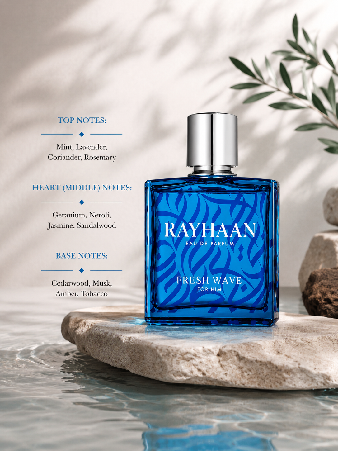Rayhaan Fresh Wave For Him fragrance bottle displayed on a stone surface beside reflective water with mint, lavender, coriander, rosemary, geranium, neroli, jasmine, sandalwood, cedarwood, musk, amber, tobacco, and fragrance notes listed on the left.