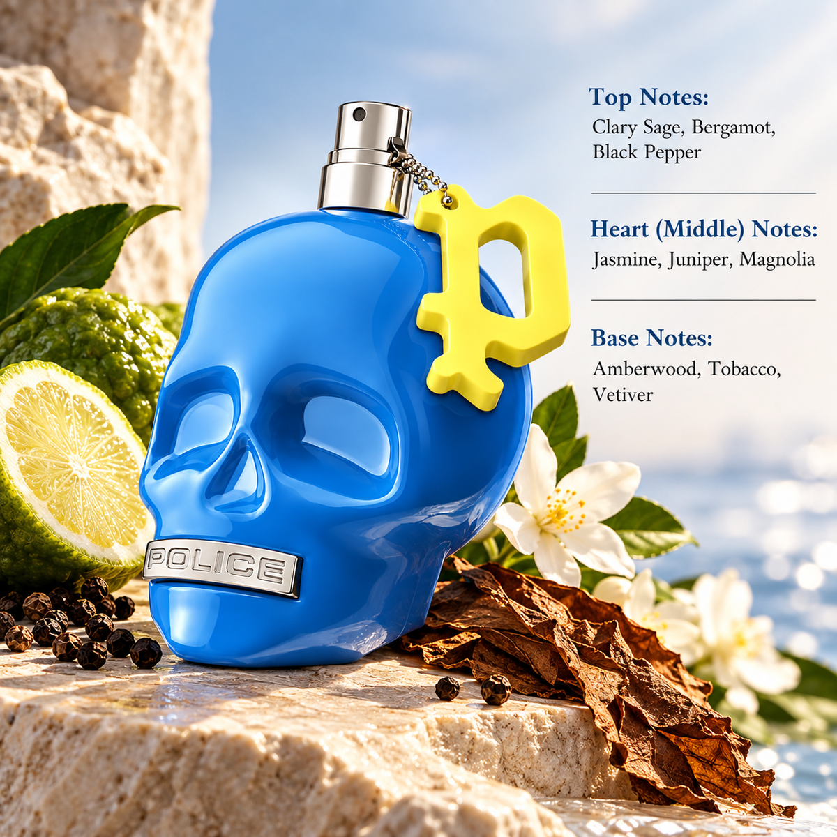 Police To Be Goodvibes Eau de Toilette presented in a fresh, energetic and masculine composition inspired by its aromatic woody scent profile, surrounded by bergamot, black pepper, white jasmine blossoms and tobacco leaves, with sunlit stone textures and a bright blue outdoor-inspired background that complements the vivid blue and yellow bottle design.