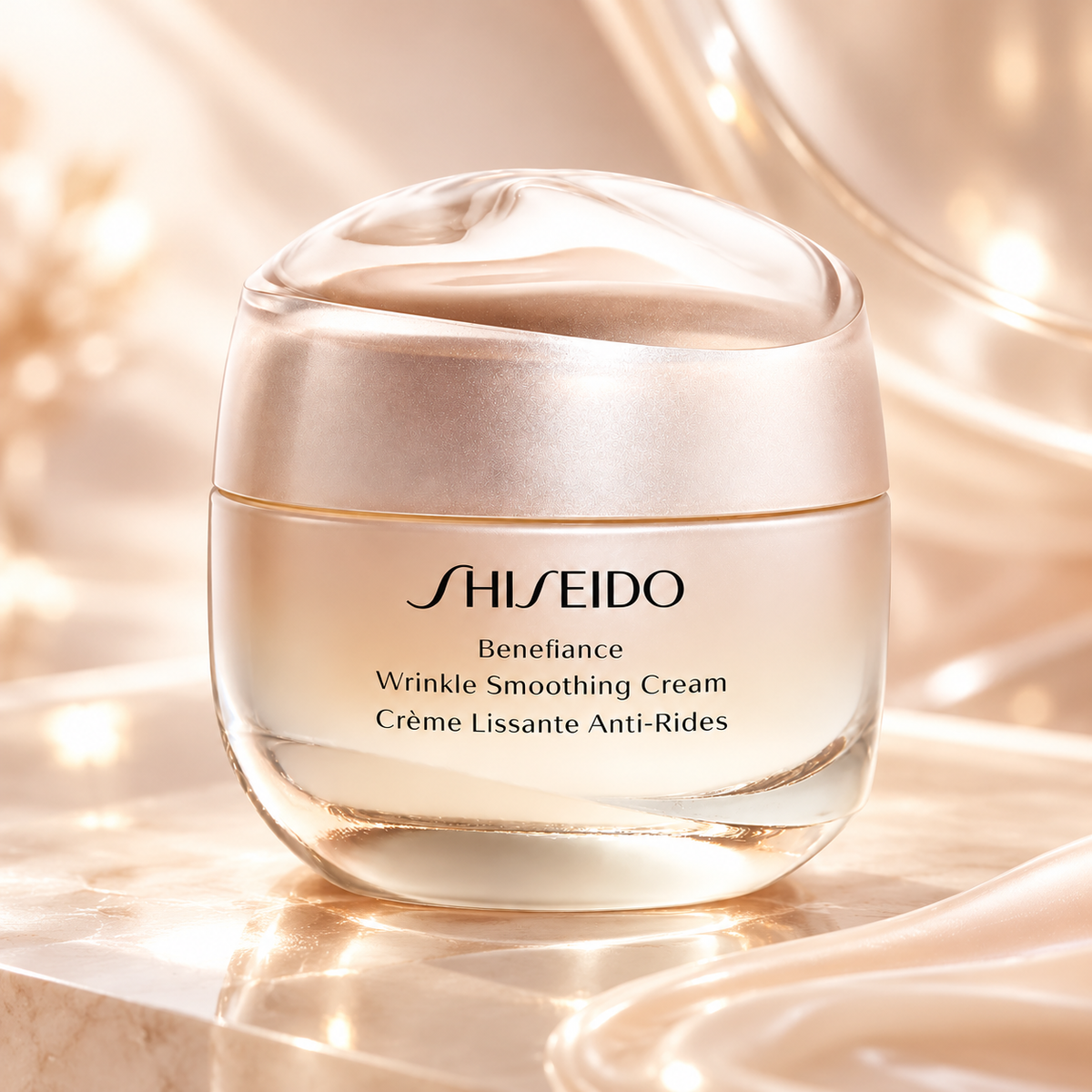 Shiseido Benefiance Wrinkle Smoothing Cream displayed on polished cream marble, surrounded by soft champagne silk and warm golden lighting. Luxurious anti-aging face cream in an elegant pearlescent jar, presented in a refined skincare setting with a radiant, premium aesthetic.