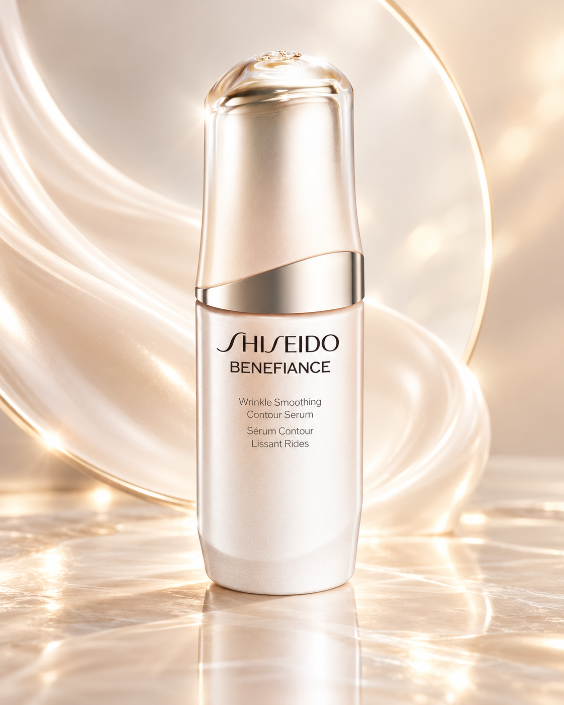 Shiseido Benefiance Wrinkle Smoothing Contour Serum in an elegant pearlescent champagne bottle with silver accents, displayed on polished marble against a luxurious cream and gold silk-inspired background. Premium anti-aging skincare serum designed to smooth the appearance of wrinkles and fine lines, with soft golden lighting and a refined beauty aesthetic.