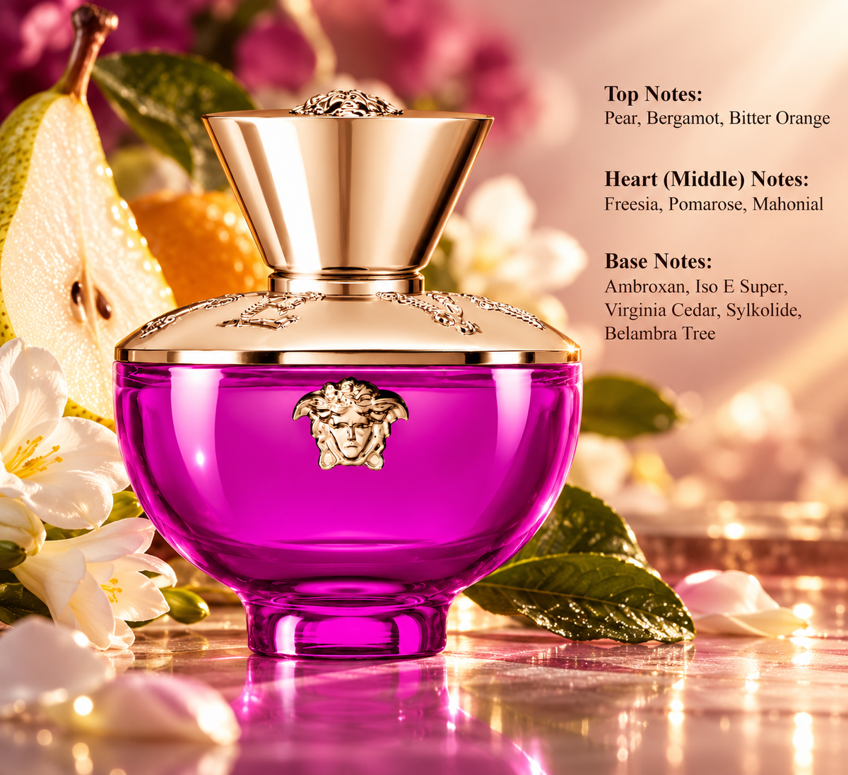 Versace Dylan Purple Pour Femme Eau de Parfum for women in a vibrant purple bottle with rose gold details, surrounded by juicy pear, citrus fruits and delicate white flowers. A luxurious fruity floral fragrance with bergamot, freesia, ambroxan, Virginia cedar and soft musky notes.