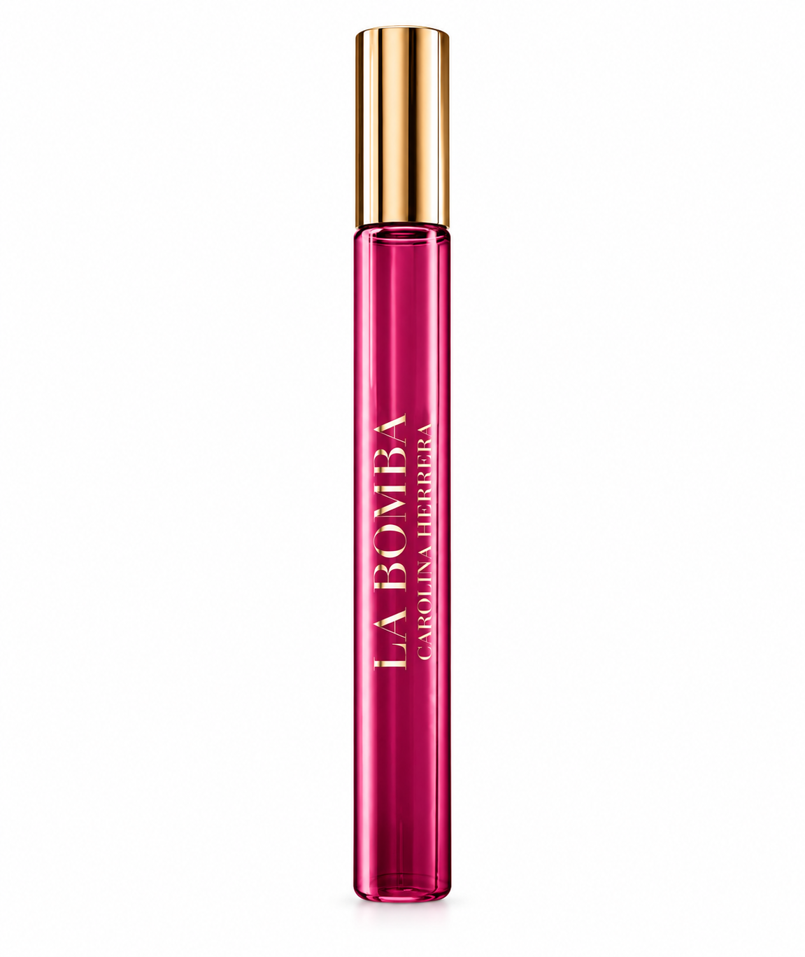 Carolina Herrera La Bomba perfume travel spray in a vibrant pink glass bottle with elegant gold cap and gold lettering, photographed on a clean white background.