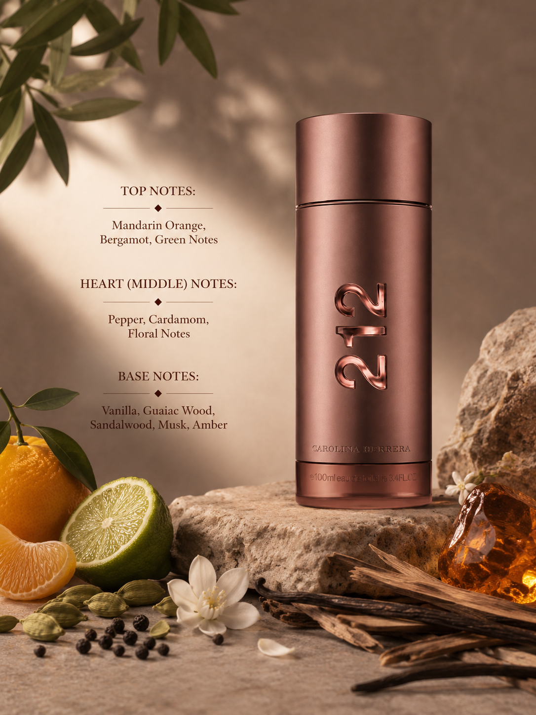 Carolina Herrera 212 Men fragrance bottle displayed with mandarin orange, bergamot, green notes, pepper, cardamom, floral notes, vanilla, guaiac wood, sandalwood, musk, amber, and woody accents, with fragrance notes listed on the left.