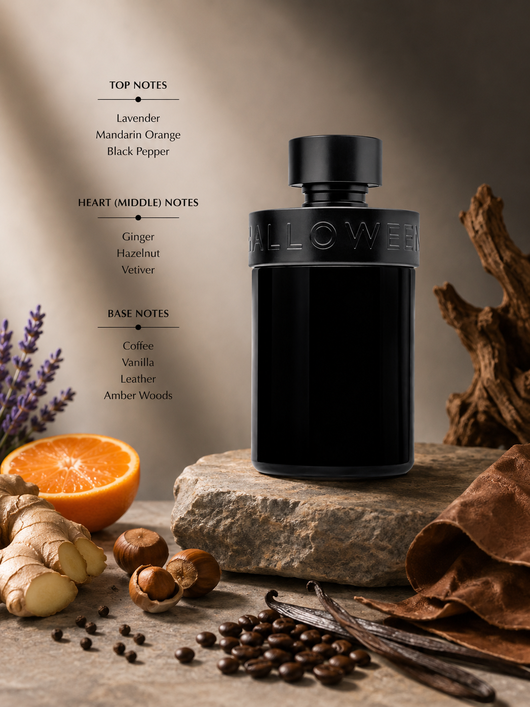 Halloween Man fragrance bottle displayed with lavender, mandarin orange, black pepper, ginger, hazelnut, vetiver, coffee beans, vanilla pods, leather, amber woods, and woody accents, with fragrance notes listed on the left.