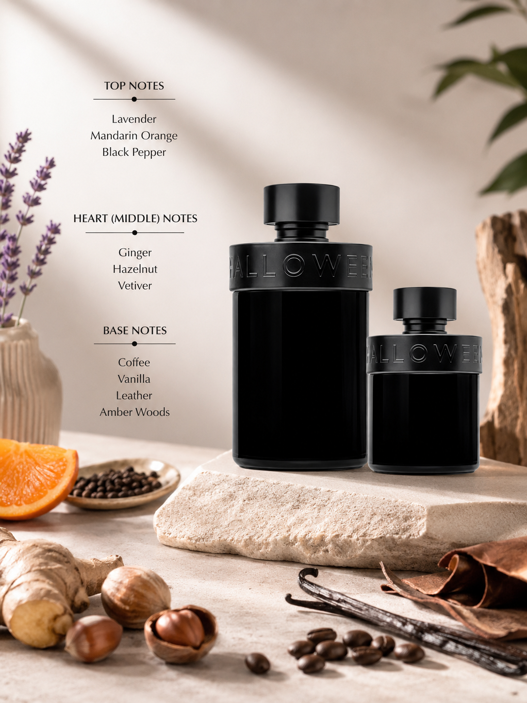 Halloween Man fragrance bottle displayed with lavender, mandarin orange, black pepper, ginger, hazelnut, vetiver, coffee beans, vanilla pods, leather, amber woods, and woody accents, with fragrance notes listed on the left.