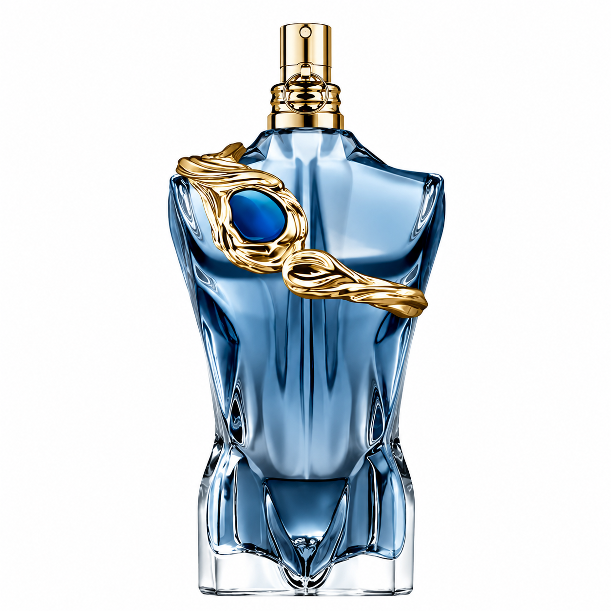 Jean Paul Gaultier Le Beau Paradise Garden Eau de Parfum bottle with blue torso design and gold vine leaf detail.