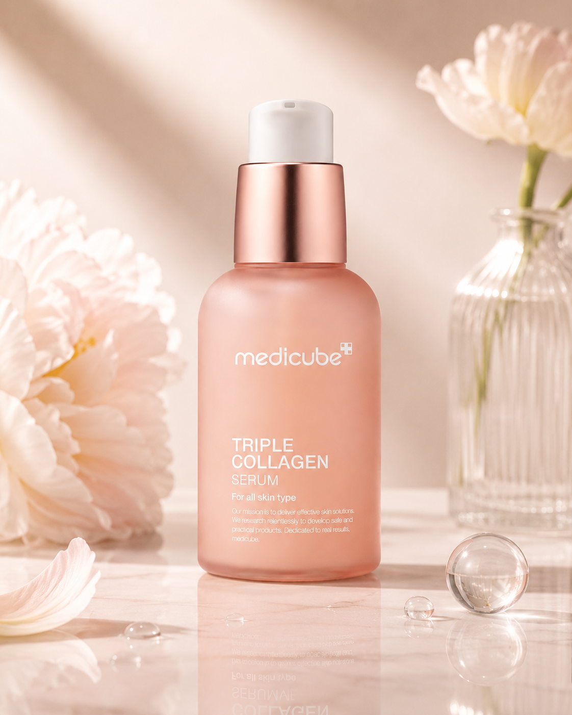 Medicube Triple Collagen Serum 4.0 55ml with flowers in the background