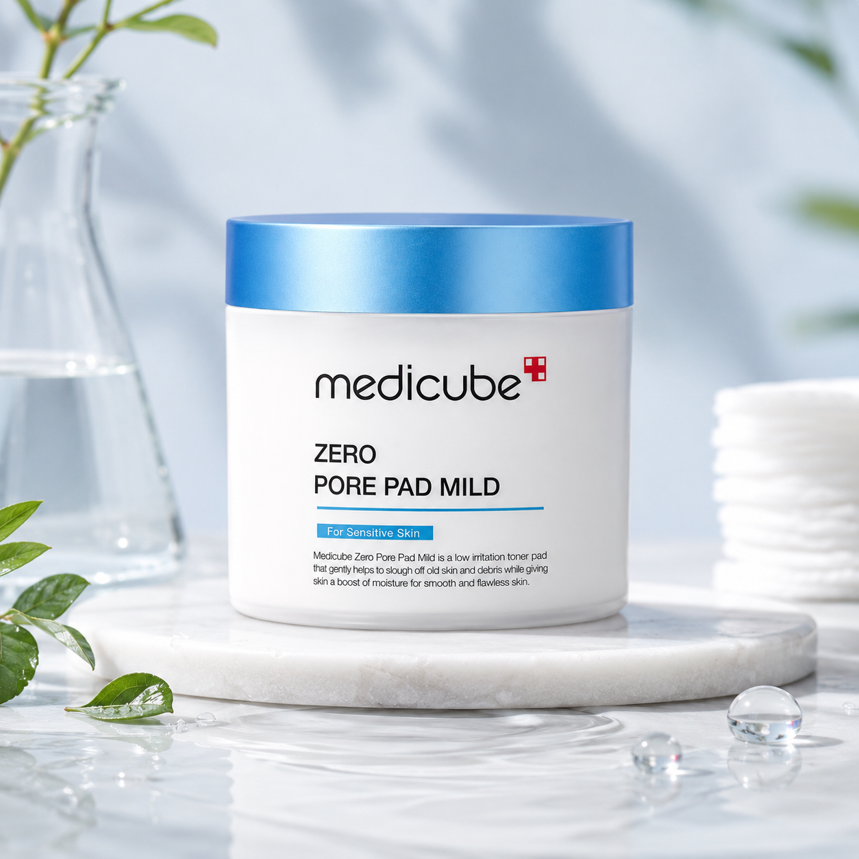Medicube Zero Pore Pad Mild container on a marble surface with blurred background