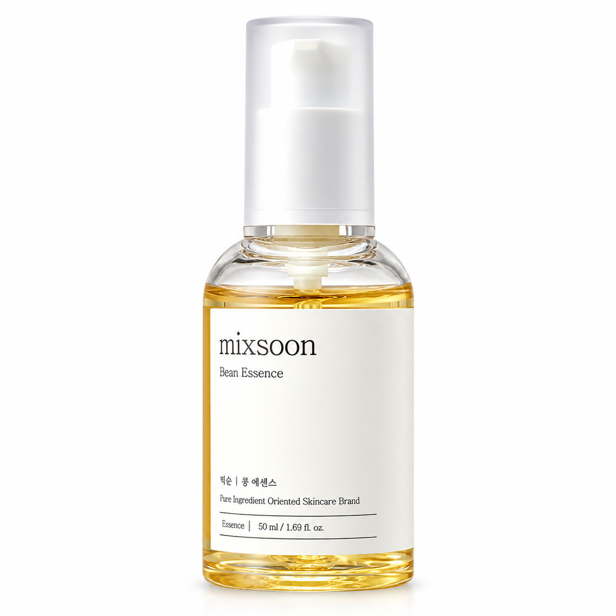 mixsoon Bean Essence 50ml Korean skincare essence in a clear pump bottle with golden-toned formula and minimalist white label, photographed on a clean white background.