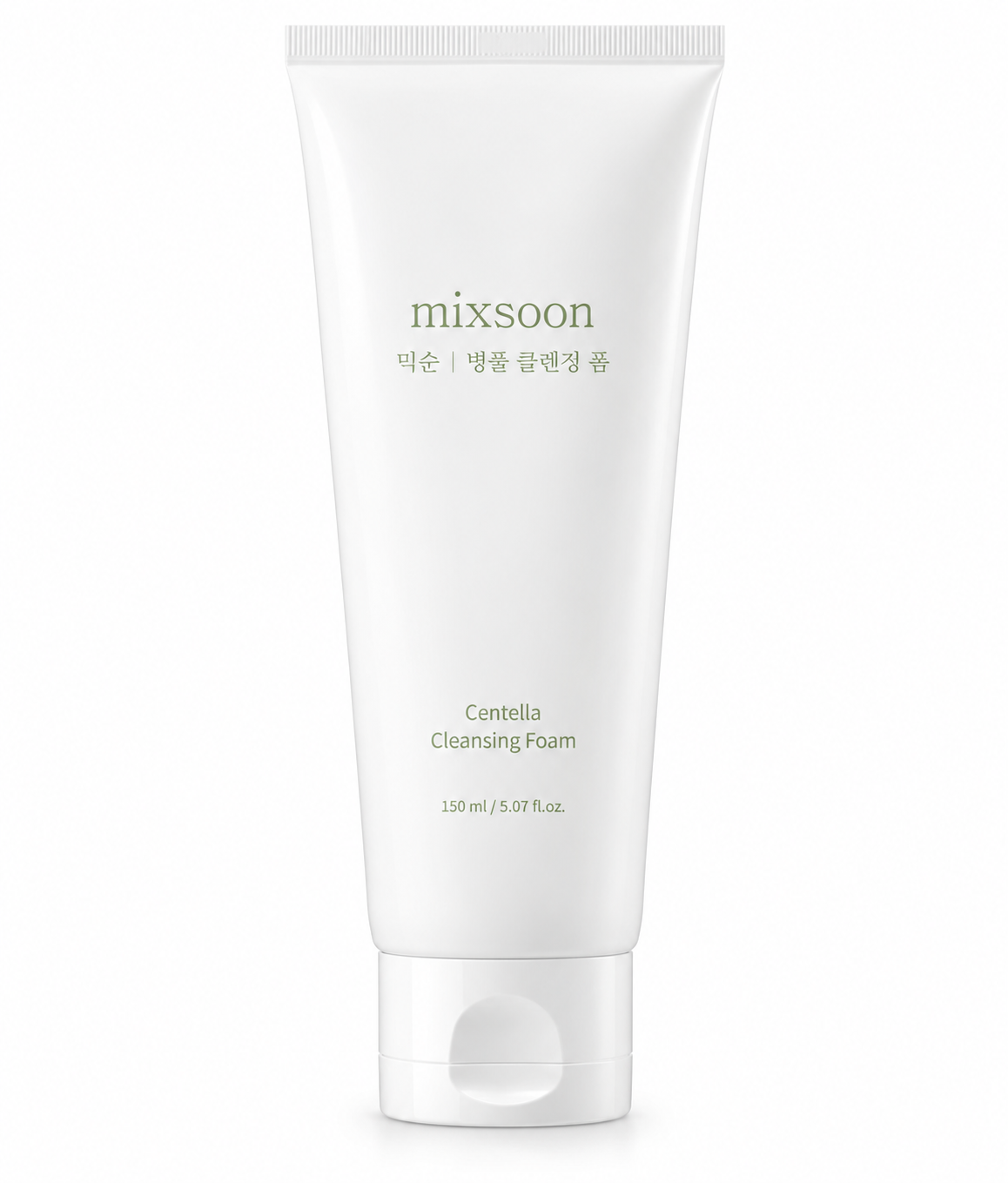mixsoon Centella Cleansing Foam 150ml in a minimalist white tube with green lettering, a gentle Korean facial cleanser presented on a clean white background.