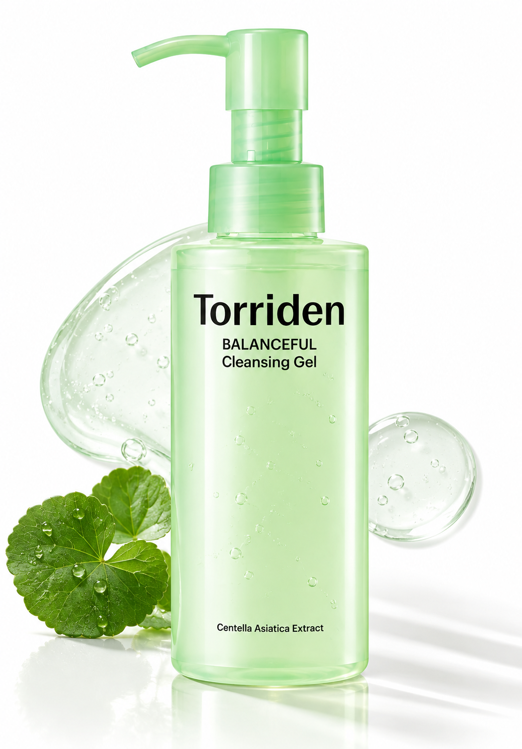 Torriden BALANCEFUL Cleansing Gel displayed in a bright, fresh skincare setting with Centella asiatica leaves, water droplets and translucent gel textures, emphasizing its gentle, soothing and refreshing cleansing concept.