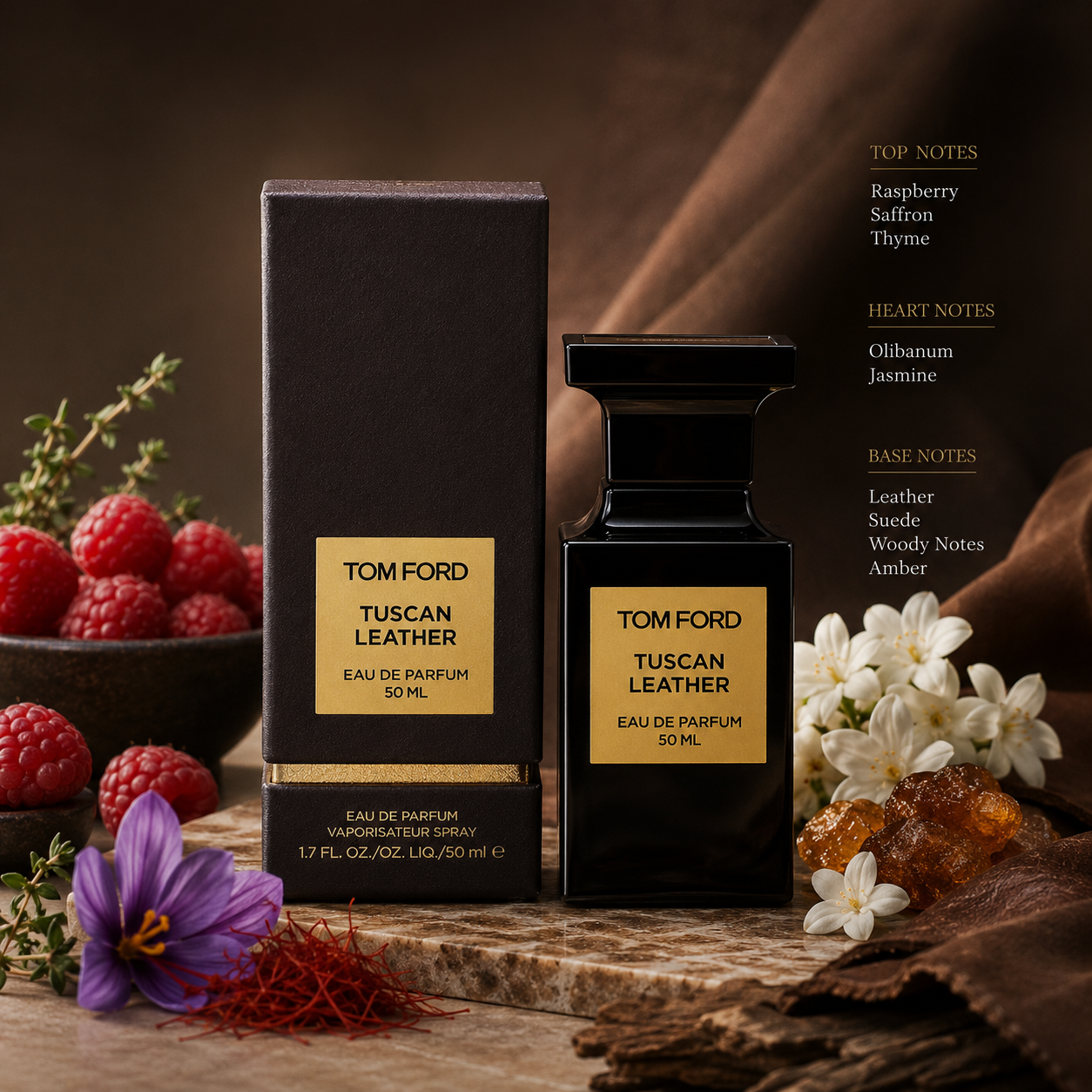 Tom Ford Tuscan Leather 50ml with luxury box surrounded by raspberries, saffron, jasmine, leather, suede, and amber resin, emphasizing its sophisticated leather and woody scent.