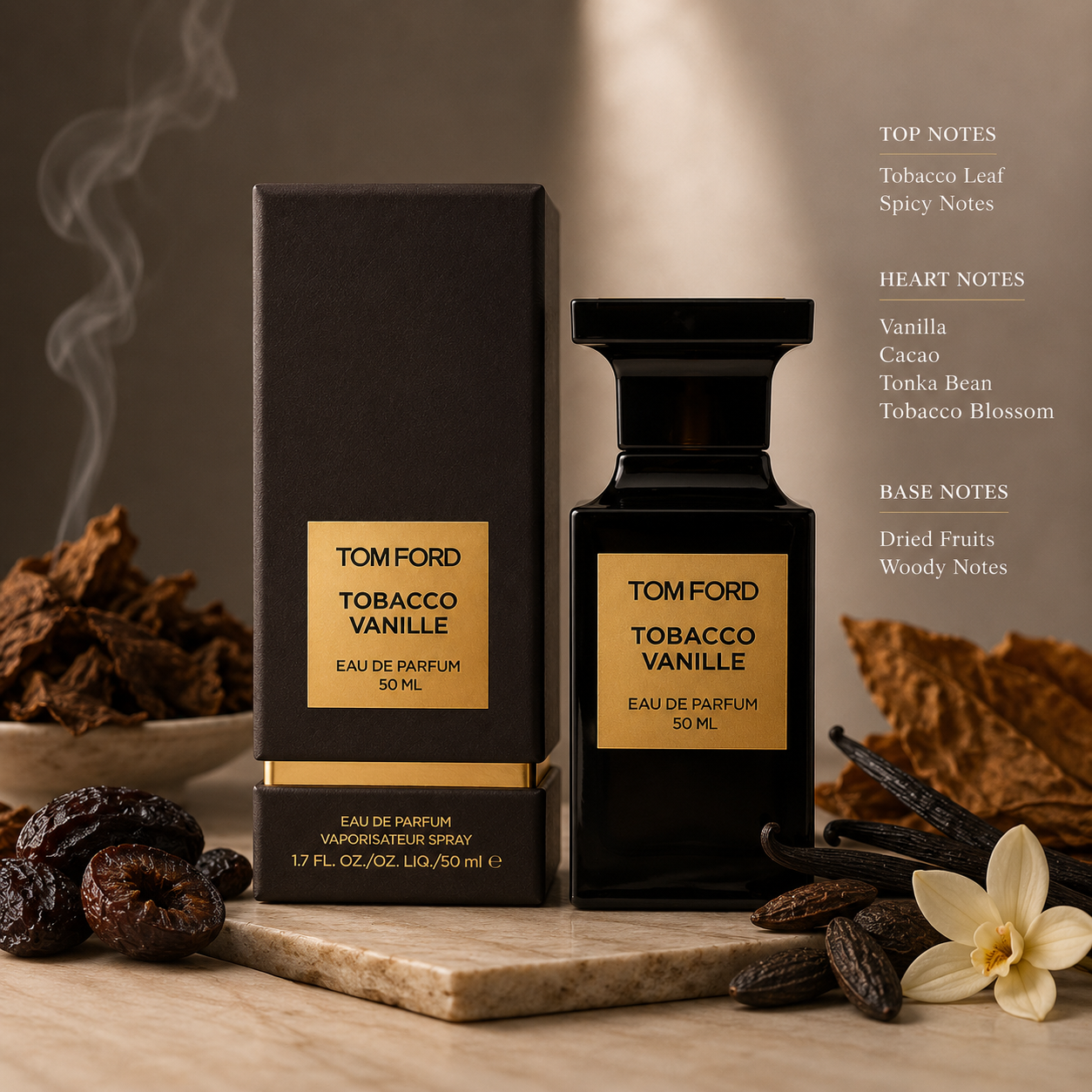 Tom Ford Tobacco Vanille Eau de Parfum with box displayed among tobacco leaves, vanilla pods, cacao, tonka bean, dried fruits, and soft smoke, illustrating its warm gourmand fragrance.