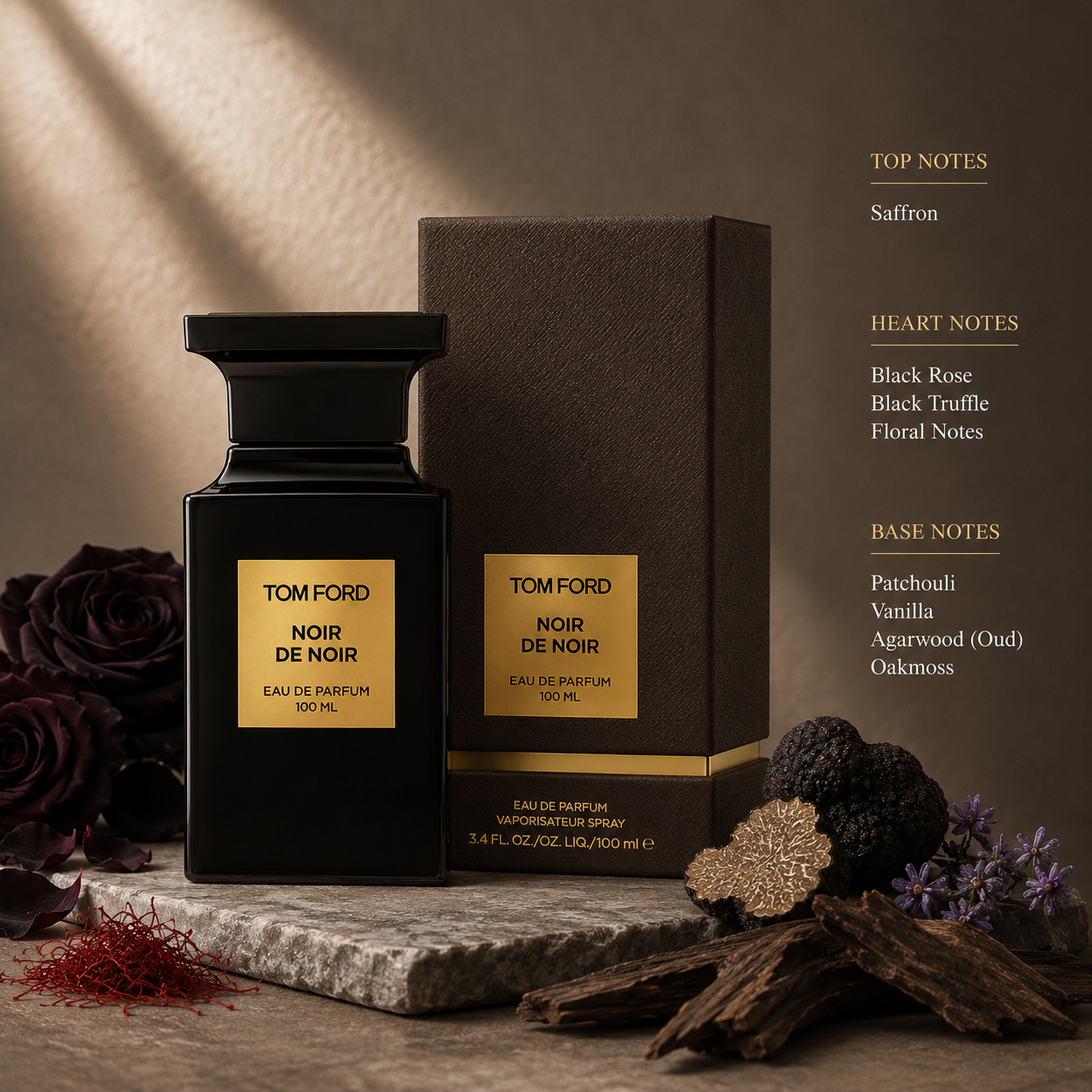 Tom Ford Noir de Noir Eau de Parfum displayed with black roses, truffle, oud wood, saffron, and dark florals, representing the fragrance's rich woody floral scent.