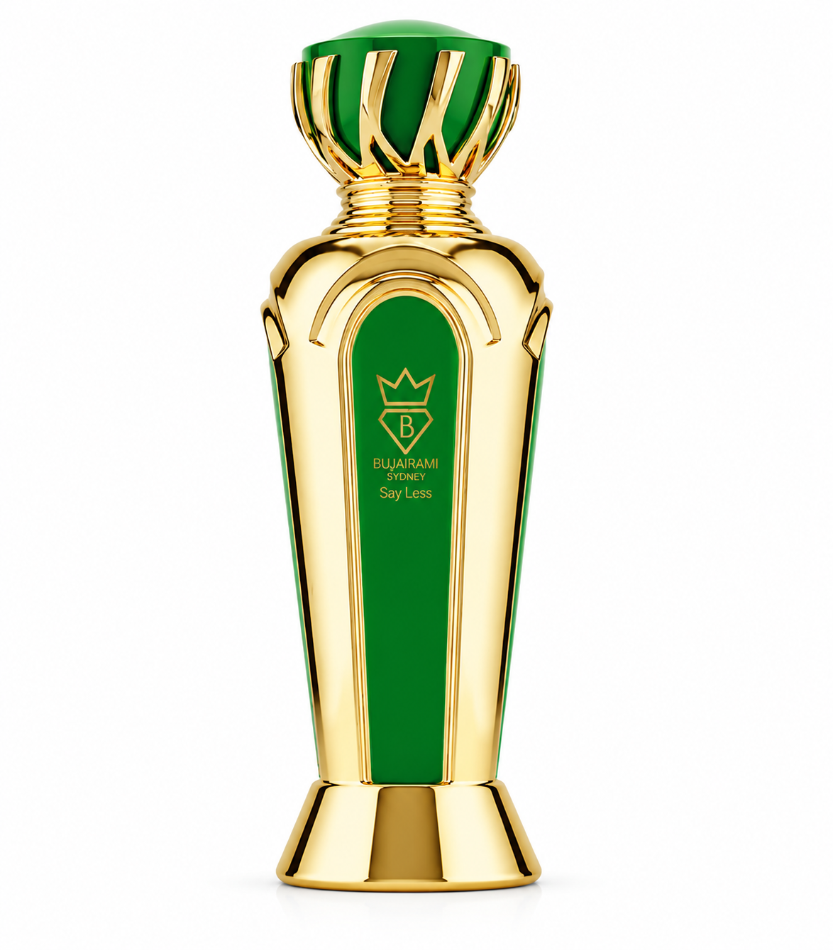 Bujairami Say Less Extrait de Parfum 100ml presented on a pure white background, featuring an opulent gold bottle with elegant emerald green accents and a luxurious jewel-inspired cap, showcasing an eye-catching premium design that reflects its rich, sophisticated and long-lasting fragrance.