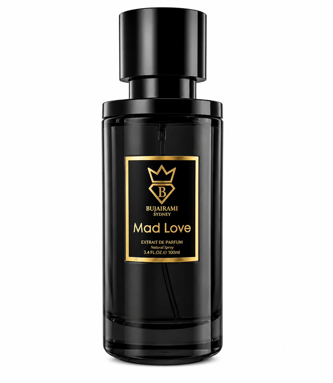 Bujairami Mad Love Extrait de Parfum 100ml presented on a pure white background, featuring a sleek black glass bottle with elegant gold detailing and a luxurious minimalist design that reflects the fragrance’s rich, intense and long-lasting extrait concentration.