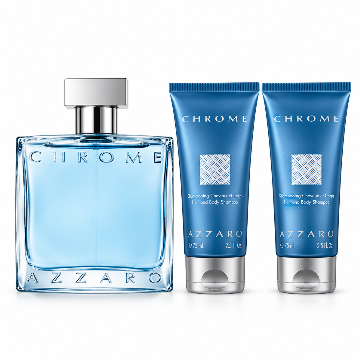 Azzaro Chrome gift set with 100ml Eau de Toilette and two 75ml Hair and Body Shampoos